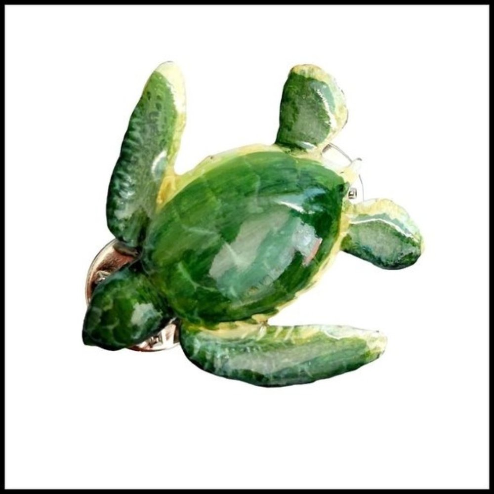 Vintage GG Harris Signed Pewter Pin #607 SEA TURTLE Green Hat Lapel Pin Brooch